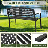 Giantex Metal Outdoor Bench with Mesh Pattern Backrest, Curved Armrests, Load 660Lbs, Slatted Seat for 2-3 Persons - Photo 4