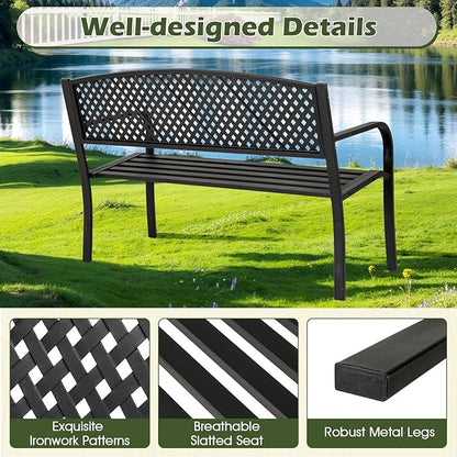 Giantex Metal Outdoor Bench with Mesh Pattern Backrest, Curved Armrests, Load 660Lbs, Slatted Seat for 2-3 Persons, Heavy-Duty Garden Bench for Patio, Backyard, Poolside, Porch, Park (50"×24"×33.5")