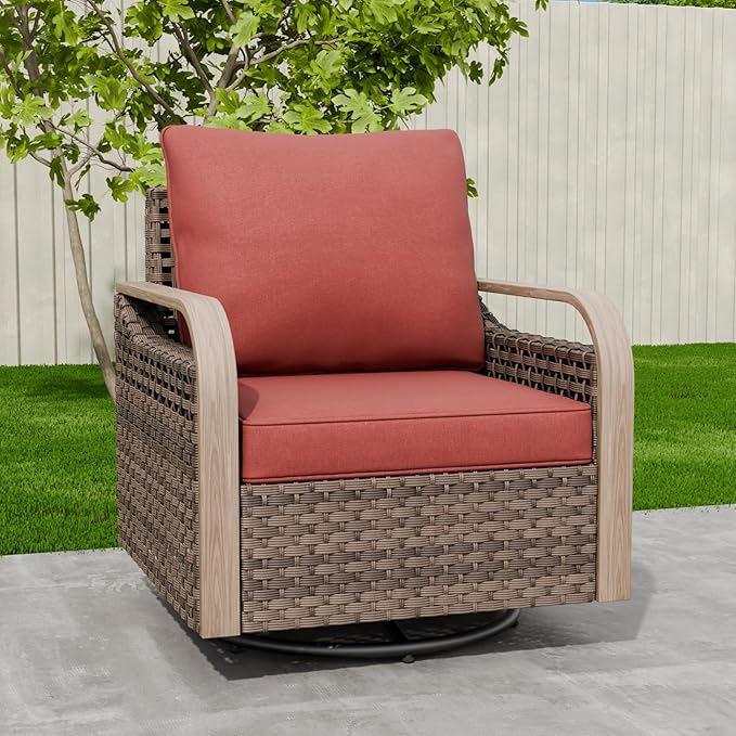 EAGLE PEAK Modern Wicker Outdoor Glider Rocking Chair, Swivel Rocker, Rattan Patio Furniture for Yard Deck Porch Garden, 1 Chair, Brown/Red