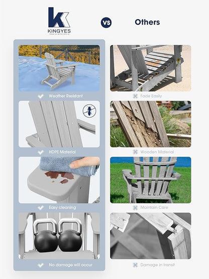 KINGYES Folding Adirondack Chair with Dual Cup Holders - HDPE All-Weather Outdoor Chairs, Wood-Like Patio Chair for Backyard, Camping, Pool & Fire Pit, Silver Grey