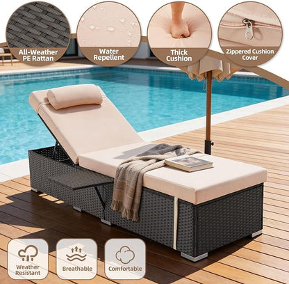 Outdoor Chaise Lounge with Adjustable Backrest Set of 4, 6-Position Reclining Lounger Pool Chair, Thick 3-Inch Cushion & Side Tray, All-Weather PE Wicker for Outdoor, Backyard, Deck (Khaki)