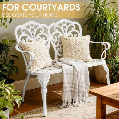 Outdoor Bench, Cast Aluminum Double Seating with Backrest and Armrests, Mental Outdoor Furniture for Patio, Porch, Garden, Park, White Butterfly