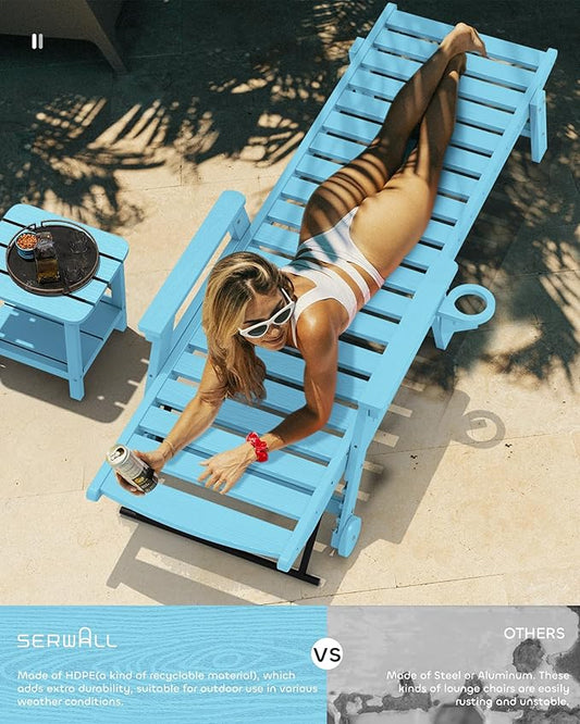 SERWALL Patio Chaise Lounge Chair Set of 2, 78'' Long 5-Positions Adjustable HDPE Outdoor Lounger for Pool, Poly Lounge Chair with Rolling Wheels & Cup Holder for Poolside, Deck, Light Blue
