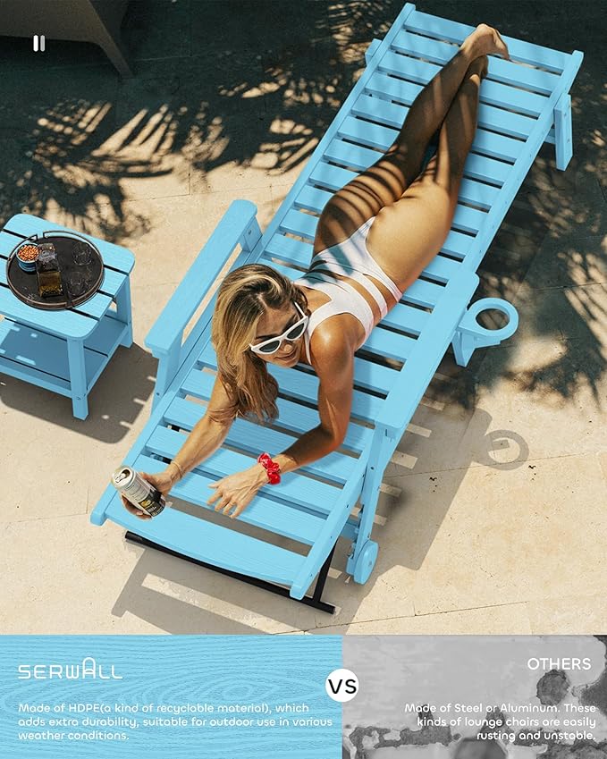 SERWALL Patio Chaise Lounge Chair, 78'' Long HDPE 5 Positions Adjustable Outdoor Lounger - Photo 2
