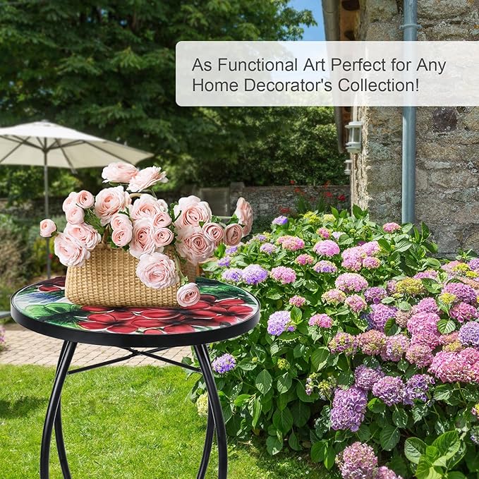 VCUTEKA Patio Side Table Outdoor Accent Table Small Mosaic Tables Coffee End Porch Tables Indoor Outdoor Round Glass - Photo 8