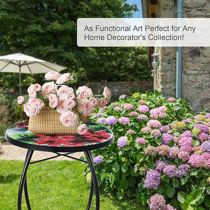 VCUTEKA Patio Side Table Outdoor Accent Table Small Mosaic Tables Coffee End Porch Tables Indoor Outdoor Round Glass Balcony Bistro Plant Stand Hummingbird Poppy 14 inches