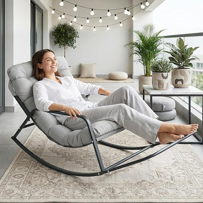 NICESOUL Papasan Rocking Chair with Footrest, Outdoor Rocking Chair with Cushion, Oversized Patio Rocker, Modern Lounge Comfort, Heavy Duty Steel Frame, Indoor Porch Garden, Grey