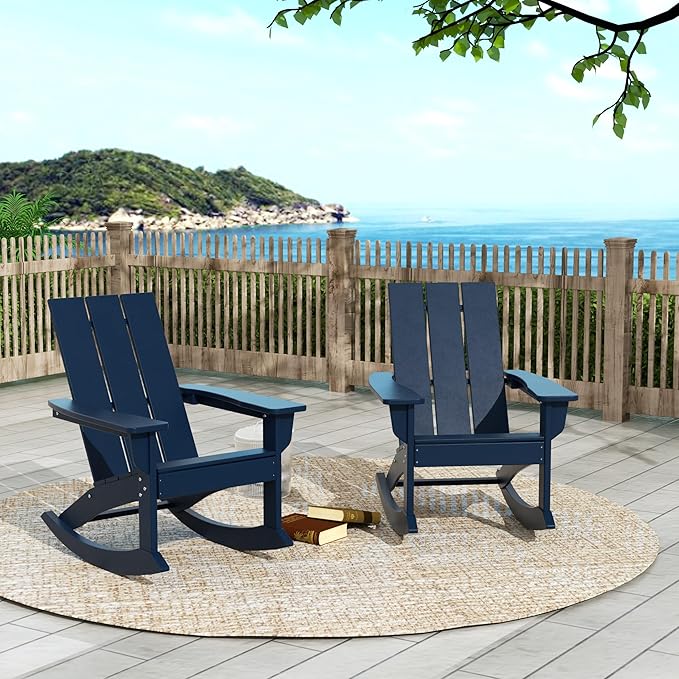 WO WESTIN OUTDOOR HDPE Shoreside Modern Rocking Poly Adirondack Chair (Set of 2),Navy Blue
