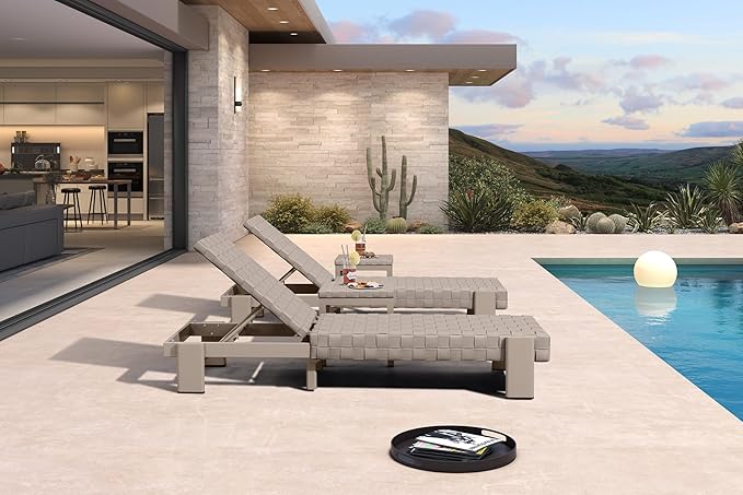 PURPLE LEAF Patio Chaise Lounge Modern Outdoor PU Leather Style Lounge Chair 4 Pieces with Adjustable Backrest Luxury Aluminum Chaise Lounge Chairs for Pool Garden Backyard Beach, Tapue