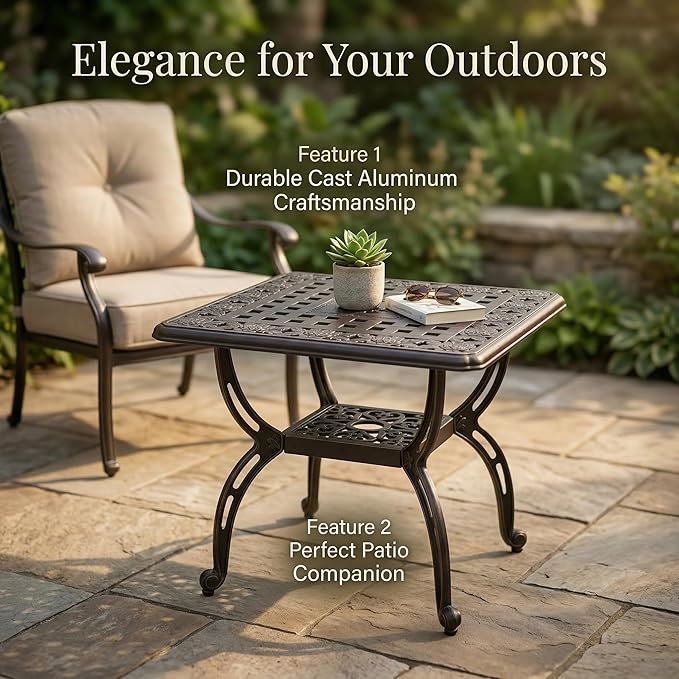 Square Outdoor Coffee Table, Cast Aluminum Side Table with Storage, Indoor End Table - Photo 6