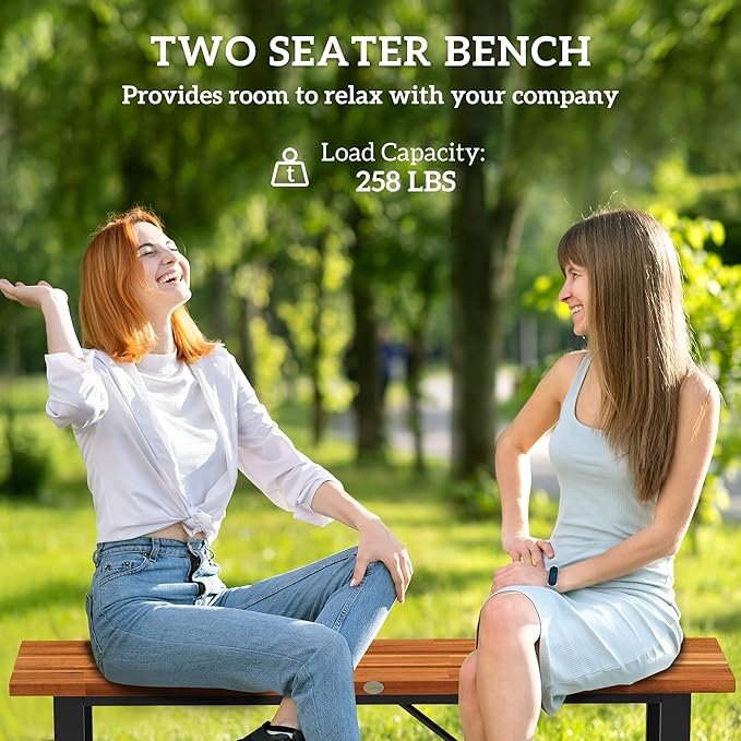 Outsunny Outdoor Bench, Acacia Wood Patio Garden Bench, 47" 2-Person Backless Patio Loveseat with Slatted Seat and Metal Frame, Weather/Corrosion Resistant for Outside, Front Porch, Park, Teak