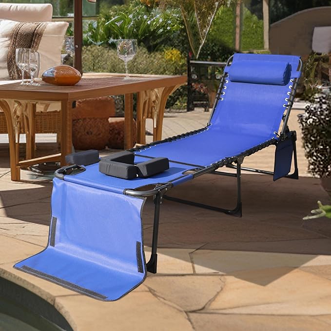 Outdoor Foldable Chaise Lounge Chair with Face Hole, Portable Tanning Chair with 5 Position Adjustable Back, Detachable Pillow & Pocket for Patio, Beach and Pool, Blue
