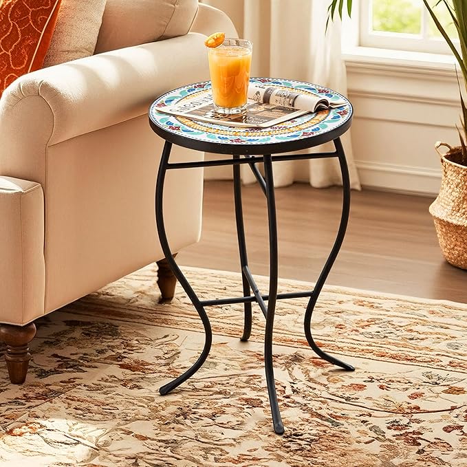 Side Table Outdoor, Mosaic Patio Table Plant Stand, 22" H Iron Coffee End Table - Photo 6