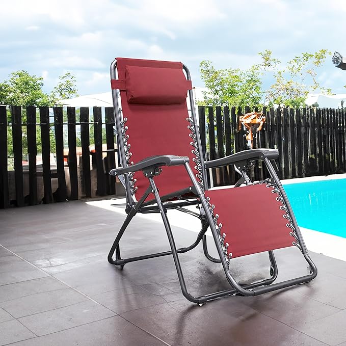 Caravan Sports Zero Gravity Outdoor Portable Folding Camping Lawn Deck Patio Pool Recliner Lounge Chair for Adults, Adjustable Headrest, Burgundy