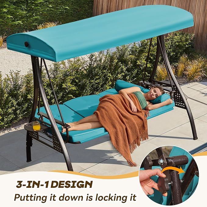 3 in 1 Outdoor Porch Swing with Adjustable Canopy, 3 Seat Outdoor Swing for Adults - Photo 3