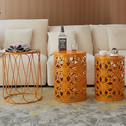 Y&M Metal Round Table, Coffee Table End Patio Table for Indoor Outdoor Multifunctional Use, Heavy Duty Metal Plant Stand Decorative Garden Stool Set of 3 - Orange
