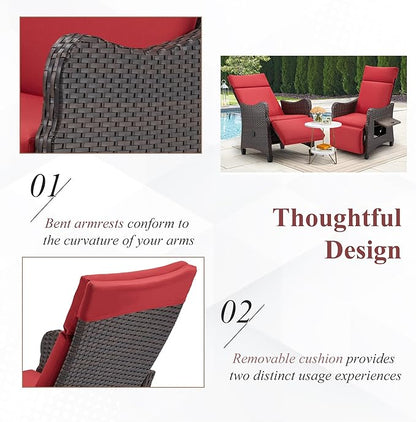 HOMREST Outdoor Recliner Chair with Flip-up Table, Wicker Reclining Chair with 150°Adjustable Backrest, Rattan Armchair with Integrated Footstool & Removable Cushion for Gardens, Burgundy