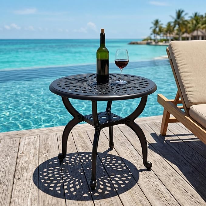 Cast Aluminum Outdoor Side Table, All Weather Round Small Coffee Table for Patio,Park,Lawn,Yard (21" Black)
