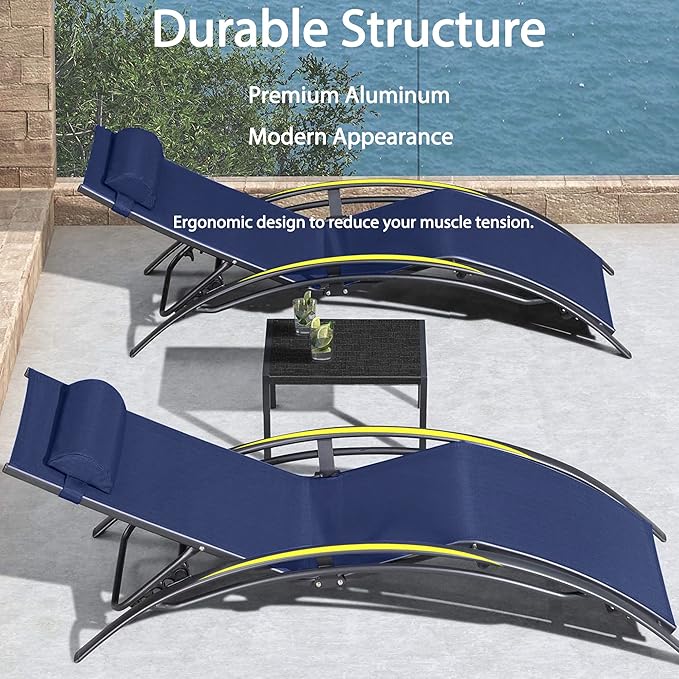 PURPLE LEAF Patio Oversized Chaise Lounge Chair Set with 2 Side Table Pool Outside Adjustable Recliner Chairs for Beach Outdoor Sunbathing Tanning Poolside Loungers Chair