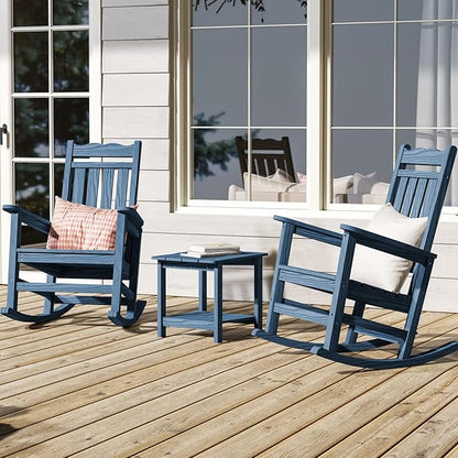 Stoog All-Weather Patio Rocking Chairs Set of 2 with Table, 3 Piece Patio Furniture Set, Never Fade or Rot, for Backyard, Lawn, Garden and Pool, Blue