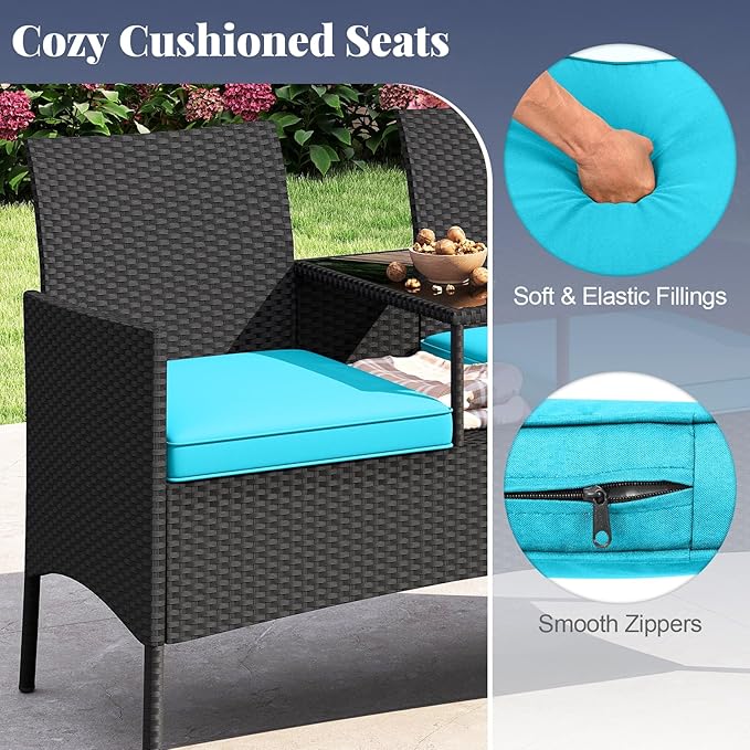 HAPPYGRILL Outdoor Rattan Loveseat, 2-Seat Patio Conversation Set with Built-in Coffee Table, Cushions, Wicker Bench Furniture for Backyard, Garden, Balcony, Porch (Turquoise)