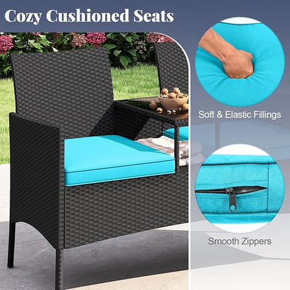 HAPPYGRILL Outdoor Rattan Loveseat, 2-Seat Patio Conversation Set with Built-in Coffee Table, Cushions, Wicker Bench Furniture for Backyard, Garden, Balcony, Porch (Turquoise)
