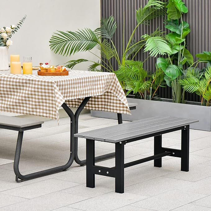 Giantex 2-Person Outdoor Bench Seat - Backless Patio Garden Bench, 47” Weatherproof Outside Chair with Slatted Seat, Metal Frame, 660 LBS Capacity, Dining Bench Chair for Yard, Park, Balcony, Gray