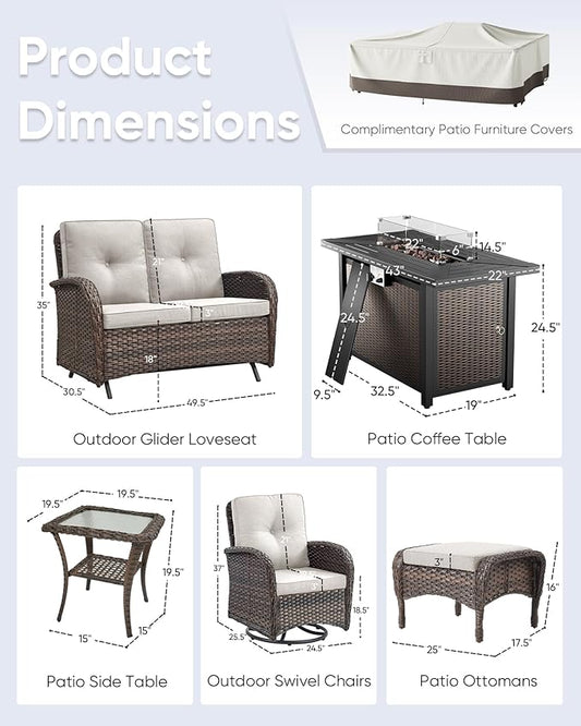 7 Pieces Outdoor Furniture with Fire Pit Deep Seating Outdoor Glider Loveseat with Patio Swivel Chairs Outdoor Furniture Set for Deck Porch Garden Balcony Poolside-Brown/Beige