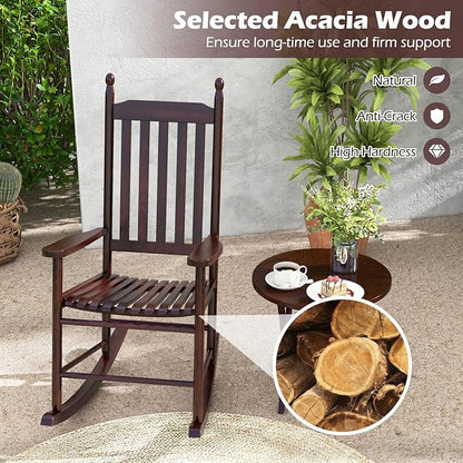 Giantex Outdoor Rocking Chair Set of 2, All Weather Patio Rocker w/Solid Rocking Base & High-Back, Slatted Seat & Back, Acacia Wood Porch Rocker, Wooden Patio Rocking Chair for Backyard, Brown