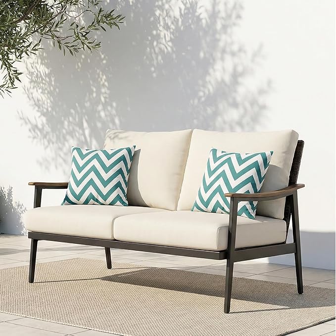 NATURAL EXPRESSIONS Patio Loveseat Sofa Outdoor Furniture Metal Chair with Wicker Backrest & 6 Inches Cushion for Indoor - Photo 8