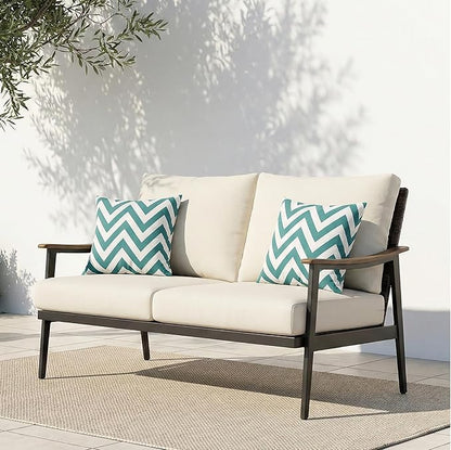 NATURAL EXPRESSIONS Patio Loveseat Sofa Outdoor Furniture Metal Chair with Wicker Backrest & 6 Inches Cushion for Indoor, Front Porch, Deck, Balcony, Backyard, 51.77"(L) x 29.75"(W) x 33.86"(H).
