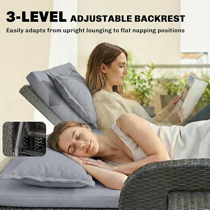 Outsunny Patio Rattan Daybed, Wicker Outdoor Daybed with Storage Ottoman, Loveseat Sofa with Adjustable Backrest, Side Tables, Cushions, Headrests, Double Sunbed Lounger for Balcony, Gray