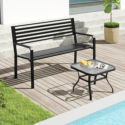 Tangkula 50” Outdoor Metal Park Bench, Patio Slatted Garden Bench for 2-3 People with Armrests & Backrest, Heavy-Duty Modern Seating for Backyard, Poolside, Porch