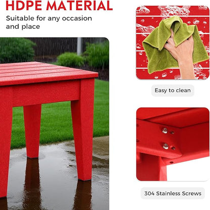 Costaelm Outdoor Patio Table and Chairs Set of 2, 2-Piece HDPE Garden Chair with Square Adirondack Side Table Set, Porch Chairs Coffee Table for Outside Porch Backyard, Red