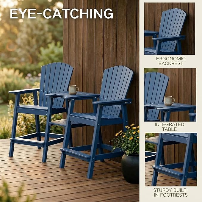Kingdura Tall Adirondack Chairs Set of 2 with Removable Connecting Tray & 2" Umbrella Hole, Weather-Resistant HDPE Bar Height Outdoor Chairs, Wood-Look Balcony Bar Stools for Patio, Deck (Navy Blue)