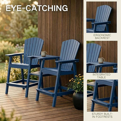 Kingdura Upgraded Tall Adirondack Chairs Set of 2, Weather Resistant HDPE Bar Height Outdoor Stools with Removable Double Connecting Trays, Wooden Grain for Patio, Balcony, Deck (Navy Blue)