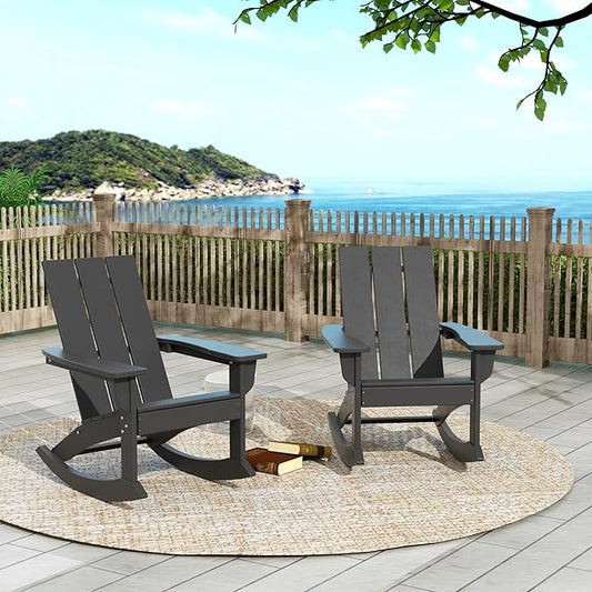 WO WESTIN OUTDOOR HDPE Shoreside Modern Rocking Poly Adirondack Chair (Set of 2),Gray