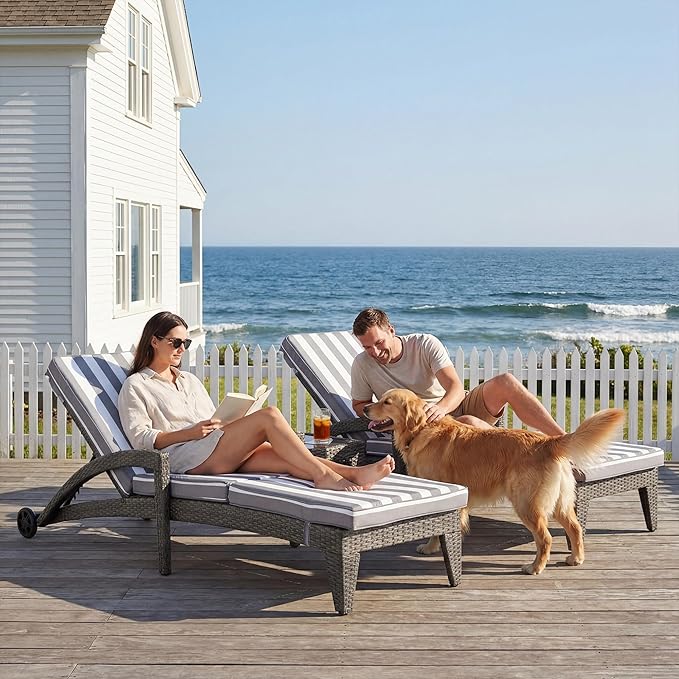 Chaise Lounge Chairs Set of 2, Upholstered 5-Positions Adjustable Pool Loungers, 80" Long Wicker Outdoor Lounge Chairs, Patio Chaise Lounges with Wheels for Sunbathing/Deck/Yard, Stripe