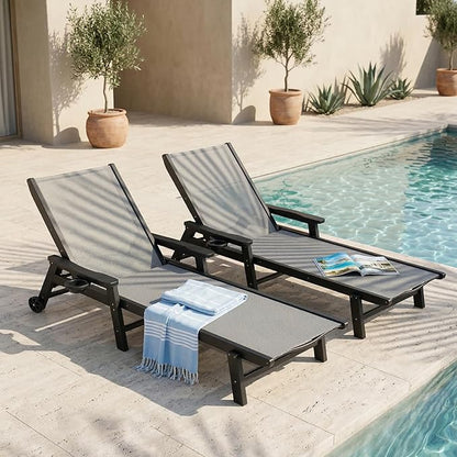 Patio Chaise Lounge Chair with Wheels & Cup Holder, HDPE Textilene Outdoor Lounge Chair 5 Positions Adjustable for Poolside Deck Patio Backyard (4, Grey Frame, Grey Textilene)