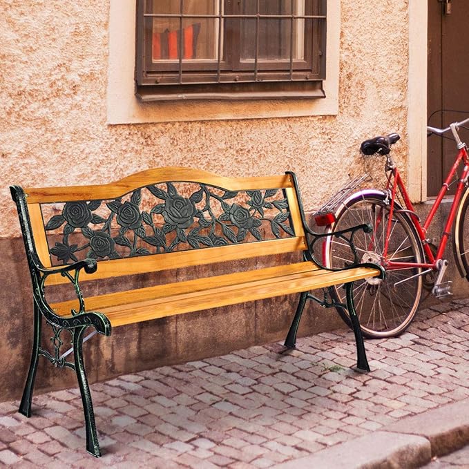 S AFSTAR Outdoor Garden Bench, Patio Bench with Large Rose Cast Backrest & Comfort Wood Seat, 470 LBS Load Capacity - Photo 7