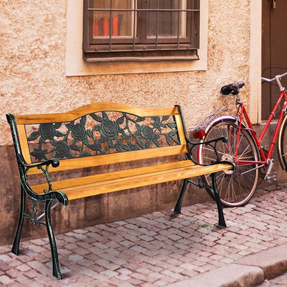 S AFSTAR Outdoor Garden Bench, Patio Bench with Large Rose Cast Backrest & Comfort Wood Seat, 470 LBS Load Capacity, Weather Proof, Durable, Easy to Assemble