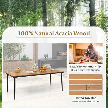 Tangkula 79" Acacia Wood Outdoor Dining Table for 8, Large Rectangular Patio Table with 1.9" Umbrella Hole, Metal Frame & Foot Pads, 8-Person Outside Table for Garden, Poolside & Backyard