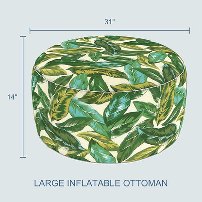 LVTXIII Indoor/Outdoor Extra Large Inflatable Ottoman Pouf D31 x H14 Inch, Round Footstool with Handle, Weather-Resistant Portable Furniture for Patio, Camping, Beach, Lush Leaf Jungle