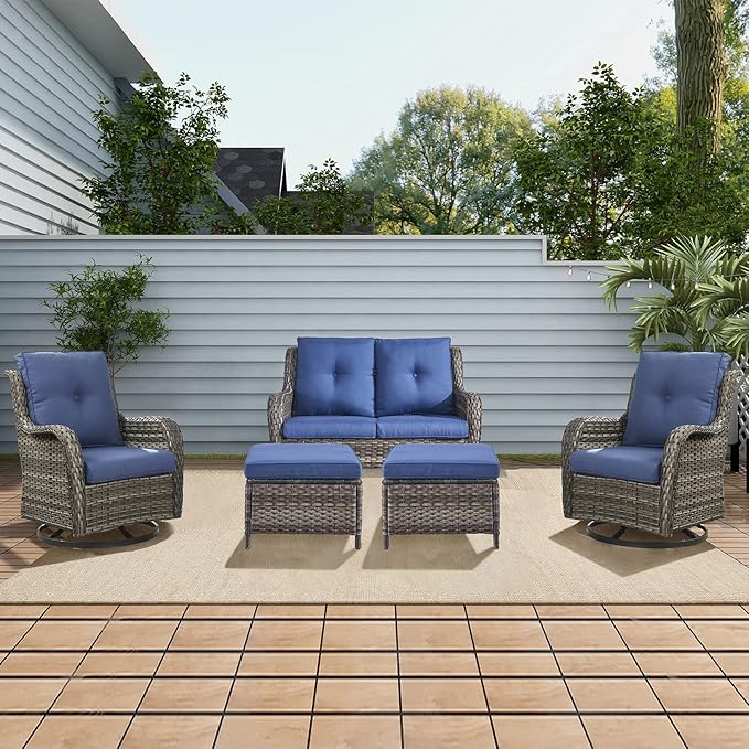 Rilyson Wicker Patio Furniture Set - 5 Piece Rattan Outdoor Sectional Conversation Sets with 2 Rocking Swivel Chairs - Photo 7