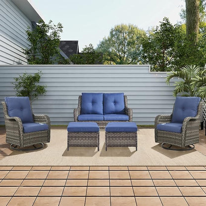 Rilyson Wicker Patio Furniture Set - 5 Piece Rattan Outdoor Sectional Conversation Sets with 2 Rocking Swivel Chairs,2 Ottomans and 1 Loveseat for Porch Deck Garden(Mixed Grey/Blue)