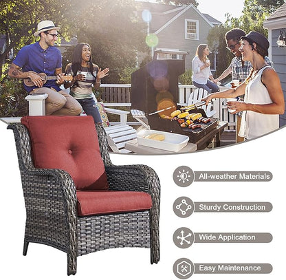 HUMMUH Outdoor Furniture 5 Pieces Patio Furniture Set Wicker Outdoor Sectional Sofa with 2 Patio Chairs,Ottomans(Grey/Red)