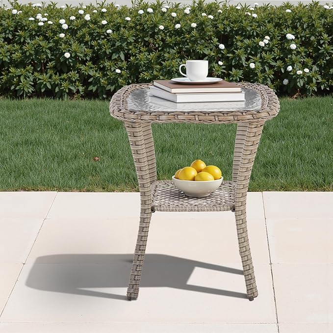 Patio Tables Wicker Side Table, Square Rattan Coffee End Table Outdoor with Storage - Photo 4
