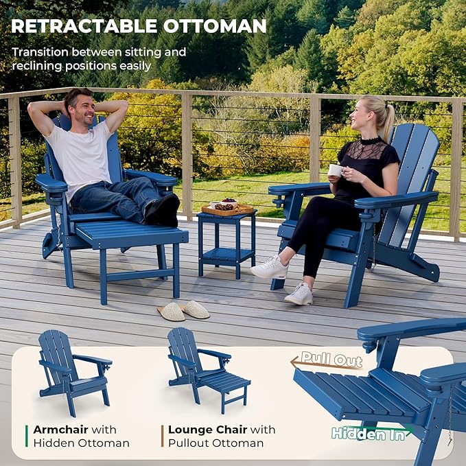 BRIOPAWS Adirondack-Chairs-with-Pull-Out-Footrest | Set of 4 | Folding | HDPE Plastic | Fire Pit Chair | All Weather | Cup Holders | Curved Back | Retractable Ottoman | for Poolside Deck | Blue