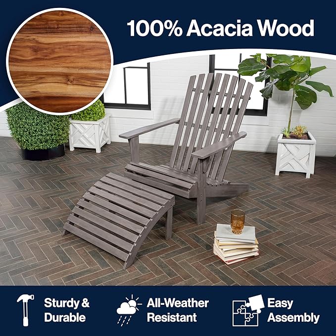 JONATHAN Y ADK1000B Saranac 2-Piece Traditional Rustic Acacia Wood Adirondack Chair with Detachable Ottoman Classic, Coastal, Cottage, Vintage, Farmhouse, Gray Wash