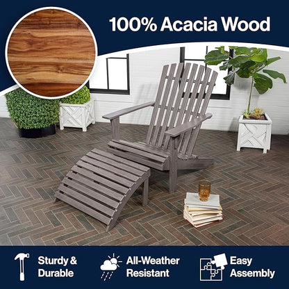 JONATHAN Y ADK1000B Saranac 2-Piece Traditional Rustic Acacia Wood Adirondack Chair with Detachable Ottoman Classic, Coastal, Cottage, Vintage, Farmhouse, Gray Wash